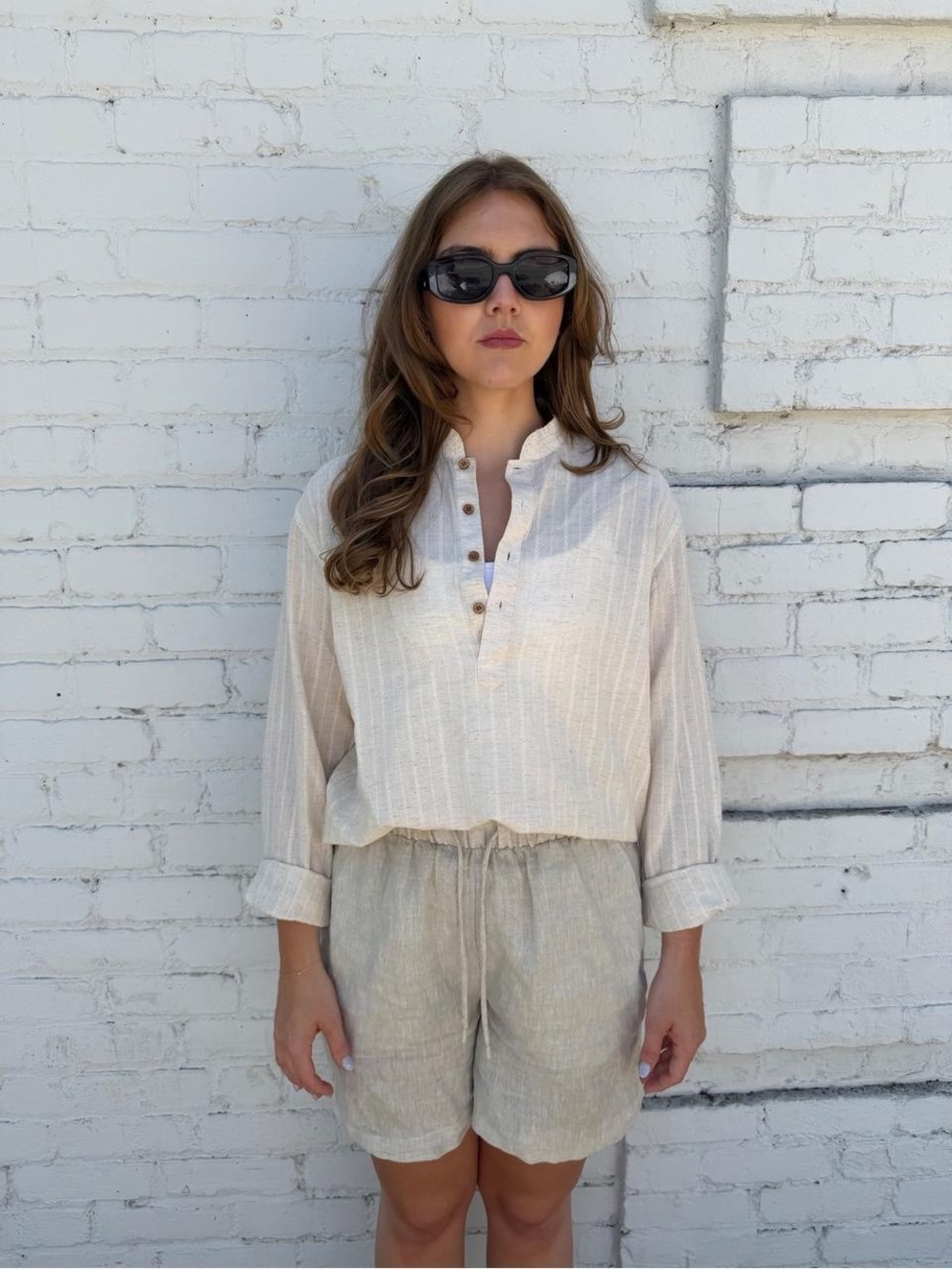 Cream linen cotton shirt with ribbed embroidered stripes -fits size s-L #basics